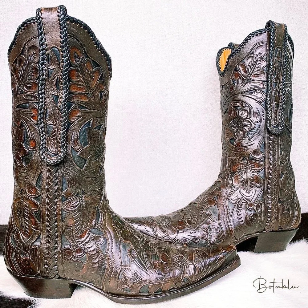 SOLD OLD GRINGO BOOT STAR Tooled Leather Handmade Brown Cowboy Western Boots 10 - Picture 3 of 14